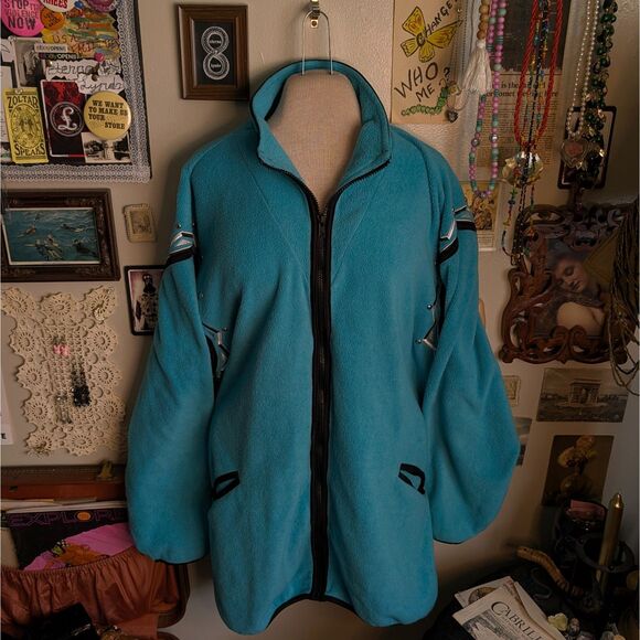 Bob Mackie Wearable Art Fleece Jacket Women's 2XL Blue Geometric Embroidered - Picture 1 of 7